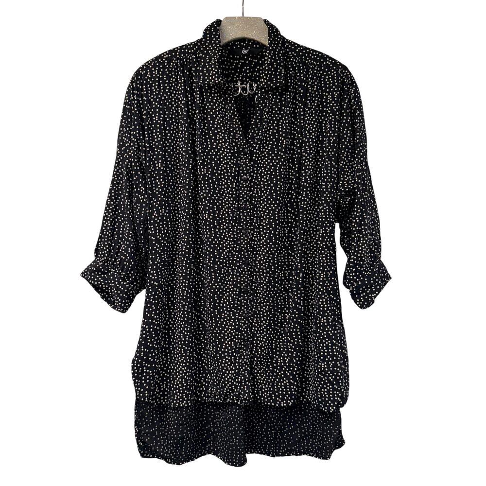 Fig Black Polka Dot Blouse Top Shirt Medium Hi Low 3/4 Sleeve